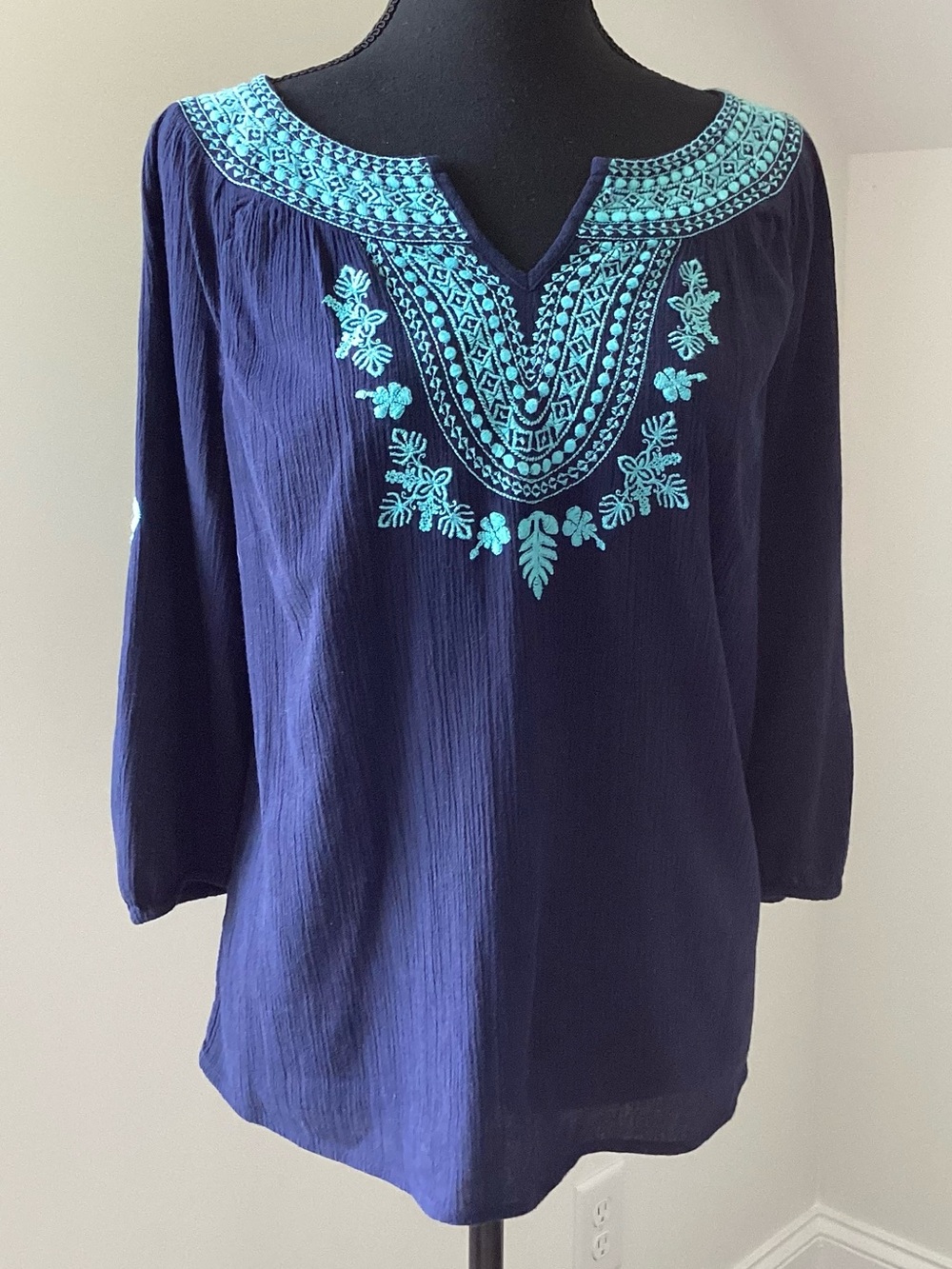 Talbots Petite Embroidered Boho Peasant Blouse Navy Blue Size MP